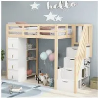 Flieks Hochbett Kinderbett 90x200cm mit Schubladekommode, Regalen und Stauraumtreppe