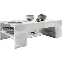 Vladon Couchtisch Clip (Wohnzimmertisch, mit 2 Seitenfächern und 1 Glasplatte), Weiß matt/Weiß Hochglanz (118 x 37 x 60 cm)