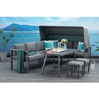 MANDALIKA Garden Gartenlounge-Set Newport anthrazit Gartenmöbelset Dining Eck Lounge, (Spar-Set, 4-tlg., Alu, Ecklounge, Esstisch, 2 Hocker inkl. Auflagen), inkl. Auflagen und Liegefunktion und Sonnendach