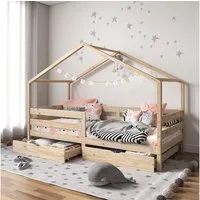 IDIMEX Hausbett ENA, Hausbett Montessori 90 x 200 Bett Rausfallschutz Kiefer Schubladen Kin