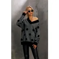 FS Collection Longpullover Damen Langarmpullover mit V-Ausschnitt und Punktemuster Longpullover (Einheitsgröße: UK 8–16 / EU 36–44, 4 Farben : Beige, Dunkelgrau, Braun und Dunkelgrün) 20 % Wolle, 80 % Acryl