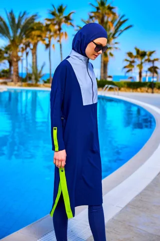 Marineblauer, vollständig bedeckender, bescheidener Badeanzug – Burkini mit verstellbarer Passform