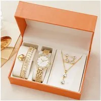 Luckice Quarzuhr Geschenk Damen Armbanduhr Armband Halskette Ring Ohrring Schmuck Set, (Elegant Analog Quarz Uhr mit Digital Zifferblatt und Elastisch Legierung Armband .Frauen Mädchen Strass Quarzuhr für Weihnachten Bracelet Jewelry Set.Damengeschen