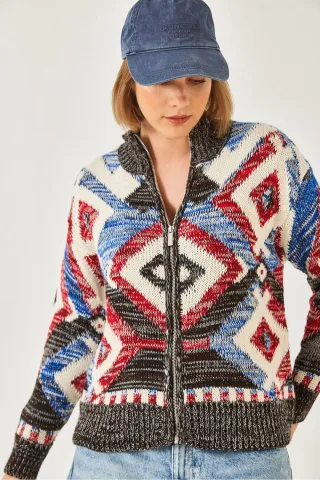 Geometrisches Muster Reißverschluss Kragen Cardigan