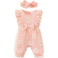 Lapastyle Strampler Baby Sommer Outfit Set, Bodysuit mit Rüschen und Gänseblümchen Muster (Set, 2-tlg) Jumpsuit & Haarband Set, 100% Baumwolle, Schleifendekor, Lässig, Süß