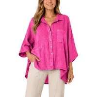 dy_mode Hemdbluse Damen Leinenbluse Oversize Hemdbluse Kurzarm Tunika Vokuhila in Unifarben, Oversized Optik, Vokuhila-Schnitt
