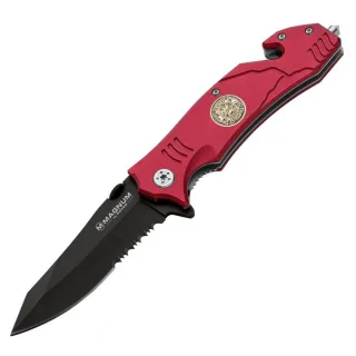 Feuerwehr Rettungsmesser | Böker | Magnum-Serie | rot | Fire Chief Emblem | Klinge aus 440er Stahl | Glasbrecher | Gurtschneider | Hosenclip