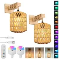 MUPOO LED Wandleuchte Vintage Innen Wandleuchte,E27 Retro Holz Wandlampe, RGB Glühbirne, LED fest integriert, mit Rattan Lampenschirm,Handgewebte im Farmhouse - Stil