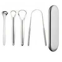 COOL-i ® Zungenreinigeraufsatz Edelstahl-Zungenreiniger Set, 4 Zungenschaber gegen Mundgeruch, wiederverwendbar & ideal für die tägliche Mundhygiene