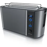 Arendo Toaster Langschlitz, Display mit Restzeitanzeige, Krümelschublade, Edelstahl, 2 lange Schlitze, für 4 Scheiben, 1500 W, Wärmeisolierendes Gehäuse mit Brötchenaufsatz, Defrost Funktion