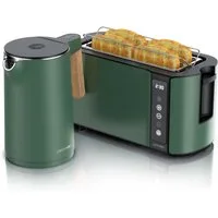 Arendo Frühstücks-Set Edelstahl Wasserkocher 1,5l, 4-Scheiben Langschlitz Toaster, grün (2-tlg), Wasserkocher mit Temperatureinstellung, Toaster Brötchenaufsatz, Touch