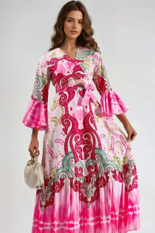 Rüschen-Paisley V-Ausschnitt Maxikleid