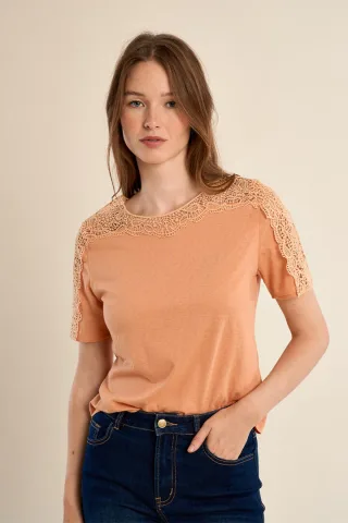 molly bracken - Kurzarmshirt mit femininen Spitzendetails orange - Gr. - XS
