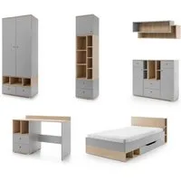 Deine Möbel 24 Jugendzimmer-Set OLAF A Kinderzimmer-Set Kindermöbel für Kinder, (Set 1+3+5+7+6+4, 6-tlg., Kleiderschrank Regal Schreibtisch Hängeregal Bett Kommode), OLAF Kollektion Kinderzimmer Jugendzimmer Grau Eiche