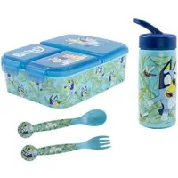 Bluey Lunchbox Bluey Bingo Kinder 4 teiliges Set Brotdose Trinkflasche Besteck, (2-tlg., Spar-Set), 410 ml