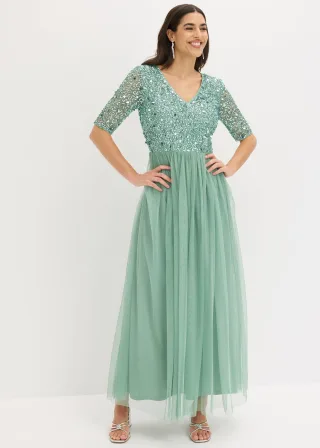 bonprix Abendkleid aus zartem Tüll mit Paillettenstickerei, grün, Gr.52, Elegantes Kleid aus Tüll mit bezaubernder Paillettenstickerei im Oberteil