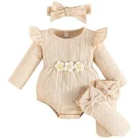 Lapastyle Strampler Baby Mädchen Einfarbig Jacquard Bodysuit Babykleidung mit Blumen (Strampler + Stirnband + Socken), 3-tlg) Baby Mädchen Einfarbig Jacquard Bodysuit Babykleidung mit Blumen
