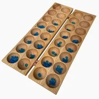 Madera Spielzeuge Spielesammlung Hus/Bao mit 80 Glassteinche, Made in Germany, Strategiespiel,Mancala, besonders große Mulden,Made in Germany