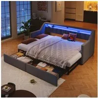OKWISH Schlafsofa Polsterbett, mit LED & USB/Type-C, Ausziehbares Schlafsofa mit Schubladen, Kinderbett Funktionsbett 90x200cm/180x200 cm, Inklusive Matratze