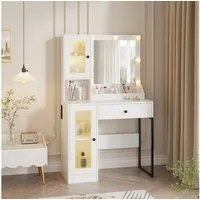 GarveeMore Schminktisch mit kratzfestem Spiegel, 3-farbiges LED Licht & stufenlose Dimmung (Weiß/Braun), 1 Schublade & 2 Schränke mit Glastüren & 3 offene Fächer
