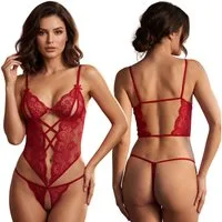 Sarcia.eu Body-Ouvert Sexy Spitzen-Body Damen, tiefer Ausschnitt, offener Rücken, Bordeaux