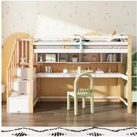 Odikalo Hochbett Kinderbett 90x200 mit Schreibtisch und Stauraum (Kinderhochbett Kinderbett mit großen Schreibtisch und Regalen, natürlich und weiß)