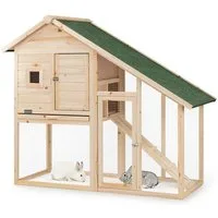 lionto Kleintierstall, robuster Doppelstock-Hasenstall aus Holz, 140x65x119 cm, Kaninchenstall mit Bitumendach, Rampe & Schublade