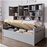 Merax Daybett (Kieferholz Sofabett Schlafsofa Jugendbett Kinderbett Einzelbett Schrankbett, 1 tlg), Tagesbett 90x200cm mit hydraulischem Stauraum, Schrank & Regalfächern