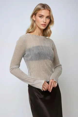 Strukturierte Glitzerfigurierte Bluse mit Rundhalsausschnitt