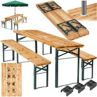 tectake Bierzeltgarnitur Festzeltgarnitur mit Sonnenschirmhalterung, Lackierung mit Klarlack, (Set., 3-tlg., in braun), Komplett vormontiertes und äußerst belastbares Gartenmöbelset