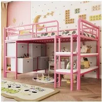 Flieks Hochbett Kinderbett Metallbett 90x200cm mit breiter Treppe, Schubladen, Regalen