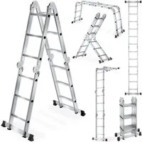 tectake Teleskopleiter Aluminium Mehrzweckleiter 6in1, klappbar, Belastbarkeit 150 kg (Multifunktionsleiter, in silber), 352 cm, geriffelte Trittfläche, abgerundete Kanten, rutschfest
