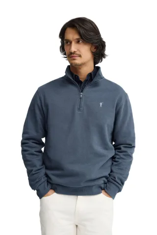 Sweatshirt denimblau mit hohem Zip-Kragen und Rigby Go Stickerei