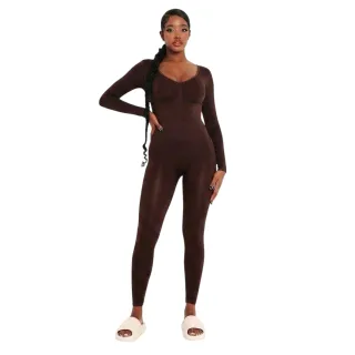 Missy Empire - Jumpsuit für Damen, Plunge-BH, Bodycon, Langärmlig (Schokolade)