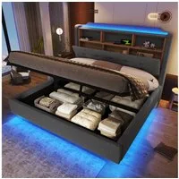 Merax Polsterbett 140×200cm mit LED-Lichtleiste und USB- & Typ-C-Anschlüssen (mti hochwertigem Leinenbezug, 1-tlg., Jugendbett Stauraumbett Mehrzweckbett mit schwebendem Design), Doppelbett mit hydraulischem Stauraum & klappbarem Kopfteilfach,Leinen