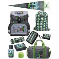 Familando Schulranzen Minecraft 1.-4. Klasse ergonomisch, geräumig, Volumen 18 Liter (Set, 10-tlg., inkl. Sporttasche und Schultüte / Zuckertüte 85cm), MINECRAFT Motiv grau
