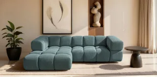 Ecksofa Designersofa BLANCHE in Stoff Puente Azurblau Ottomane Links