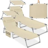 tectake Gartenliege Sonnenliege mit Seitentasche und Kopfpolster, 190 x 68 x 111 cm, Balkonliege Chloé, mit Seitentasche, 2 St., für Außen in Beige, klappbar, verstellbar, widerstandsfähig und UV-beständig