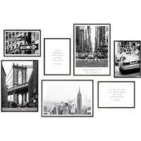Hyggelig Home Poster New York, Premium Poster Set OHNE & MIT Rahmen - Wandbild schwarz weiß, Stadt (Set, 7 St), Collage Broadway, Qualitätsdruck dickes Papier