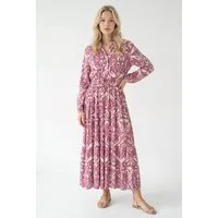 Kendindza Collection Sommerkleid Sommerkleid Damen Lang Viskose Elegantes Maxikleid lang Maxi Kleid Ikat-Print Knopfleiste & Schnurbund, Luftig Leicht