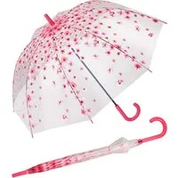 HAPPY RAIN Langregenschirm durchsichtiger, stabiler Damen-Transparentschirm, bedruckt mit pinkfarbenen Blüten