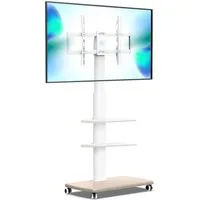 FITUEYES TV-Ständer mit Rollen, Ablagen, ±30° schwenkbar, 32-70 Zoll, (bis 70,00 Zoll, 127-147 cm höhenverstellbar, Holz-Bodenplatte)