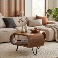 FINEBUY Couchtisch FB117850 60cm Massivholz mit Ablagefach Wohnzimmertisch Beistelltisch (Moderner Wohnzimmertisch aus Mangoholz), Organisch geformter Kaffeetisch mit Metallbeinen