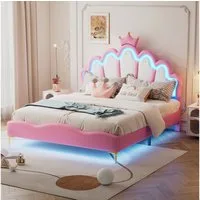 Flieks Polsterbett, LED Kinderbett Doppelbett mit krone-Form Prinzessinnenbett 140x200cm