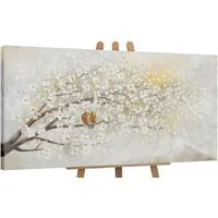YS-Art Gemälde Sonnenaufgang, Natur, Leinwand Bild Handgemalt Zwei Vögel auf dem Baum Sonnenschein