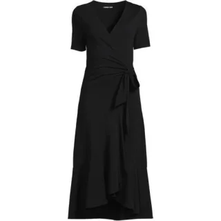 Wickelkleid aus Baumwoll/Modalmix mit kurzen Ärmeln, Damen,  Schwarz, Elasthan/Baumwoll-Mischung/Synthetic-blend, by Lands' End