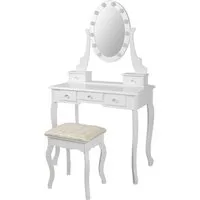 ML-DESIGN Schminktisch Kosmetiktisch mit Spiegel und Hocker aus MDF Holz Make-up Tisch, Tisch 80x129x40 cm Weiß mit LED-Beleuchtung und 5 Schubladen