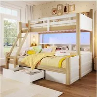 Flieks Etagenbett, Kinderbett 90x200+140x200cm mit Schrägleiter Schublade LED-Lichtleiste