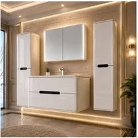 Homeline Badmöbel-Set Bad Möbelset Badezimmer Möbel Hochglanz 90 cm Eiche / Weiß Schwarz, (Spar-Set, 5-St., Fünfteiliges Set), Spiegelschrank mit Keramikbecken, Hochglanz