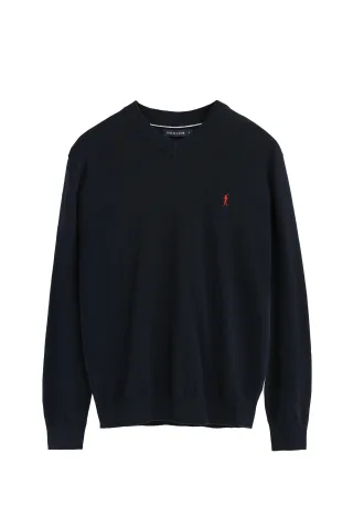 Pullover marineblau aus Wollgemisch mit V-Ausschnitt und gesticktem Rigby Go-Logo